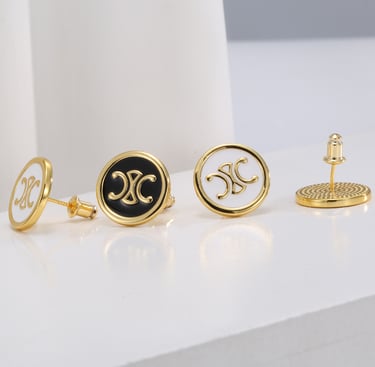 Gold-plated enamel round earrings — front view