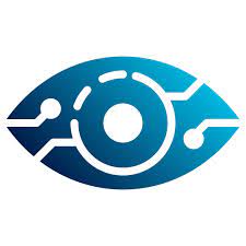 a blue eye looking at a computer eye with a circuit of wires