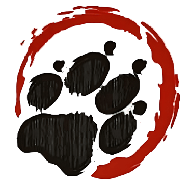 Black animal paw print logo inside a textured red circle on a dark background.