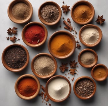a variety of spices and spices in wooden bowls