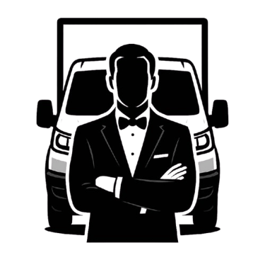 The butler and the van logo, a man in suit in front of his Luton