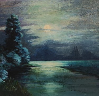 a painting of a river with a full moon