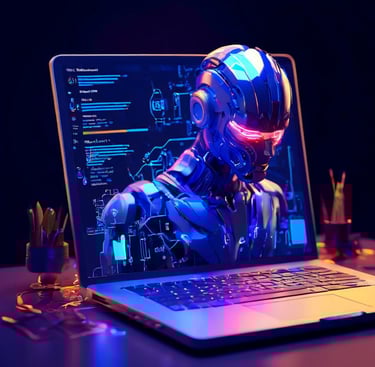 Robô cibernético saindo de uma tela de laptop com esquemas técnicos ao fundo