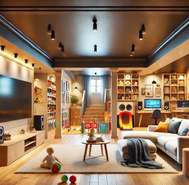 Finished basement with a living area, kids’ play zone, and home office; ideal for Kansas City, Lee’s