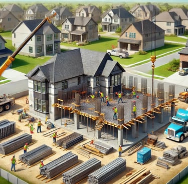 Professional construction site in Kansas City showing workers rebuilding a family home with steel be
