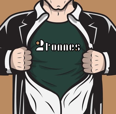 a man in a suit, a white shirt and a green tshirt under it with an inscription on it saying 2tonnes