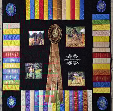 Custom memory quilt featuring show ribbons and printed photos