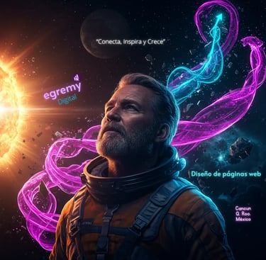 Astronauta observa el sol con flujos de energía y logo Egremy Digital; simboliza diseño web y crecimiento desde Cancún