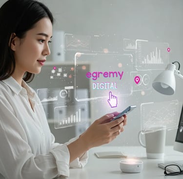 Profesional joven usa smartphone con paneles holográficos de analítica y logo Egremy Digital, simboliza estrategia de marketi