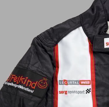 a racing jacket with a red and white stripe