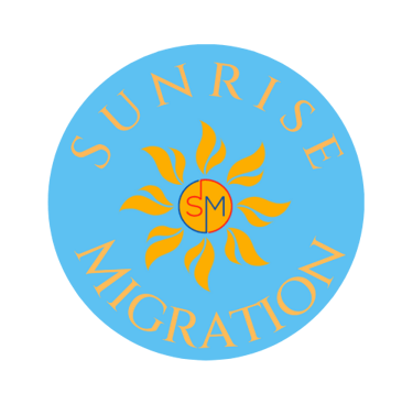 Sunrise Migration logo featuring a blue circle with a sunburst and SM initials.