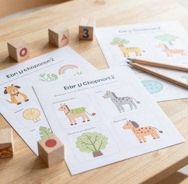 Overhead flat-lay of printed early childhood activity sheets, wooden counting blocks, and colored pencils on a light oak table, bright soft natural daylight, shallow depth of field