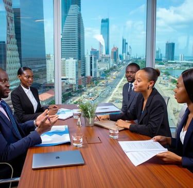 a group of business people sitting around a table