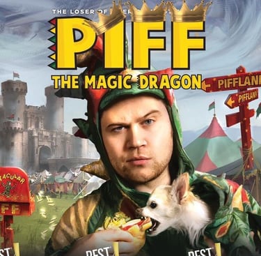 Piff the Magic Dragon in his green dragon suit with Mr. Piffles the dog in front of a castle and circus tents.