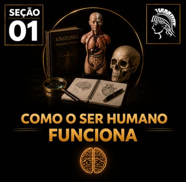 Capa da “Seção 01 – Como o Ser Humano Funciona”, com fundo preto e detalhes dourados.