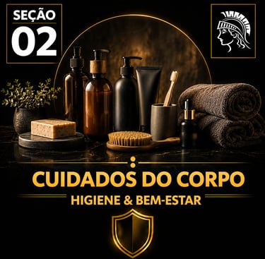 Capa da “Seção 02 – Cuidados do Corpo: Higiene & Bem-Estar”, com fundo preto e detalhes dourados.