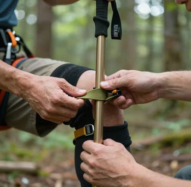 Close-up of hands carefully splinting a leg using a sturdy trekking pole and climbing webbing, soft natural forest lighting, realistic training, 35mm