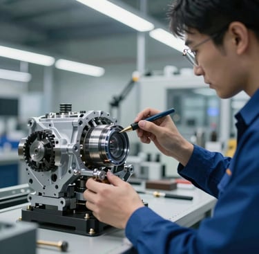 A close-up of a modern automotive engineer analyzing a mechanical component on a high-tech factory floor, sharp focus, cool-toned industrial lighting