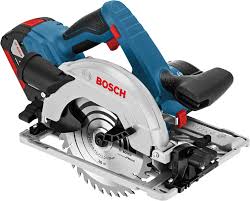Bosch cordless circular saw with rechargeable battery and metal blade for woodworking.