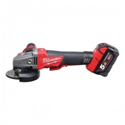 Milwaukee M18 FUEL cordless brushless angle grinder with 5.0Ah lithium-ion battery.