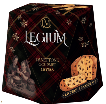 O Panettone Gourmet Legium é recheado com gotas de chocolate, que derretem na massa macia e leve.