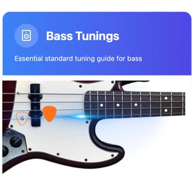 A guide to standard bass tunings featuring a close-up of a bass guitar with orange picks.