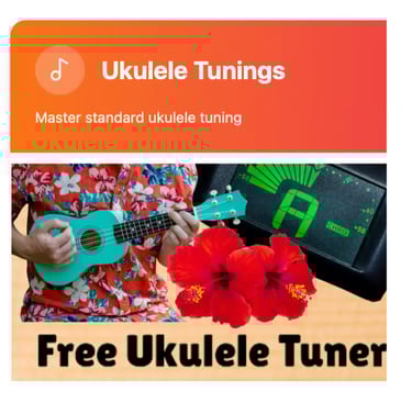 A person playing a blue ukulele next to a online tuner for mastering standard ukulele tunings.