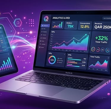 Digital marketing data analytics dashboard displayed on a laptop, tablet, and smartphone.