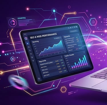 Digital marketing dashboard on a tablet showing SEO and web performance metrics with growth charts.