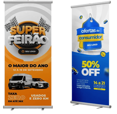 Custom roll-up banners for automotive sales and retail consumer promotions with 50% off deals.
