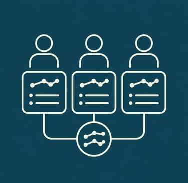 Line icon illustration of data analysis and collaborative team business metrics reporting.