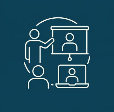 White line icon representing hybrid learning with a teacher, digital screen, and remote laptop student.