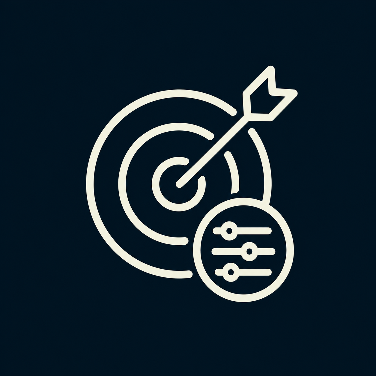 White outline icon of a target with an arrow and adjustment settings on a dark background.