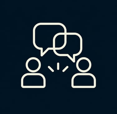 Minimalist outline icon of two people talking with speech bubbles on a dark background for communication.