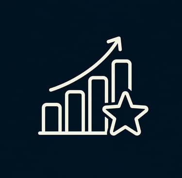 Business growth icon showing an upward arrow, a rising bar graph, and a rating star on a dark background.