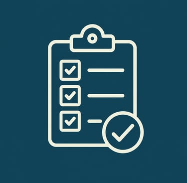 White line icon of a clipboard checklist with checkmarks on a dark blue background.