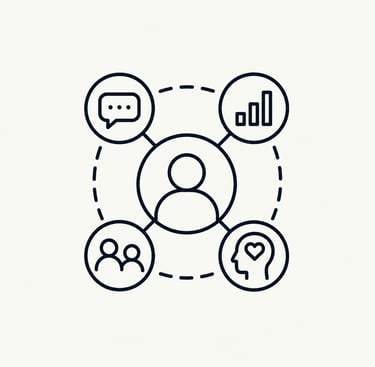 Line icon illustrating user experience and customer engagement with data, empathy, and social icons.