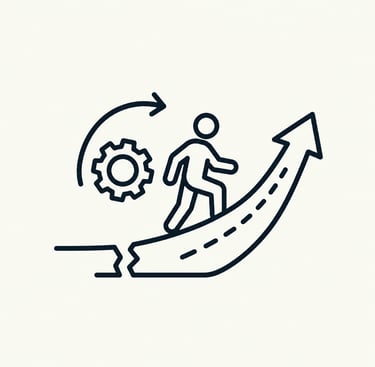 Line icon of a person walking up a rising arrow path towards business growth and career success.