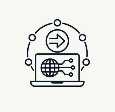 Digital networking icon featuring a laptop with a globe and data connection points for global technology.