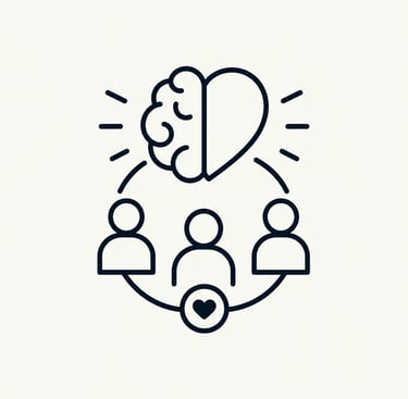 Minimalist icon showing emotional intelligence with a brain-heart symbol above a diverse team.