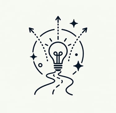 Minimalist light bulb icon with arrows and a winding path representing creative ideas and innovation strategy.