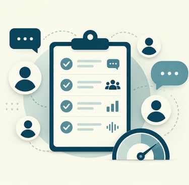 Business productivity illustration featuring a checklist, user icons, and performance gauge for project management.