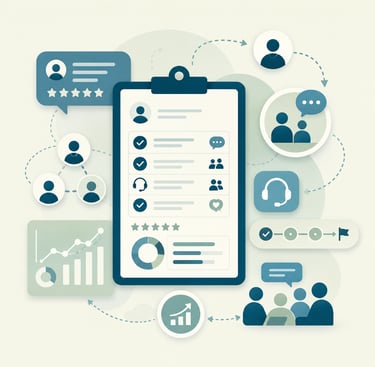 A business illustration showing a customer management clipboard with data analytics, user feedback, and support icons.