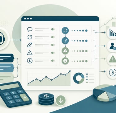 Business dashboard illustration featuring data analytics charts, financial icons, and a digital calculator.