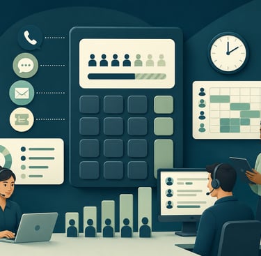 Call center agents managing customer support operations with digital data dashboards and scheduling tools.