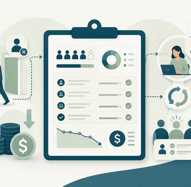 Business data dashboard showing employee turnover, recruitment metrics, and financial budget charts.