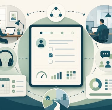 Illustration of a remote work project management dashboard connecting global teams via digital collaboration tools.
