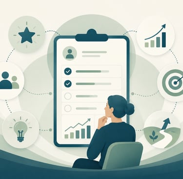 Business professional reviewing an employee performance dashboard with growth charts, goals, and skill assessment icons.