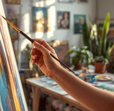 Close-up of an artist holding a paintbrush while painting on canvas in a sunlit art studio with indoor plants.