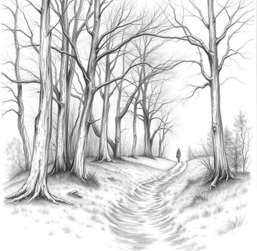 A pencil sketch of a person walking in a wood.